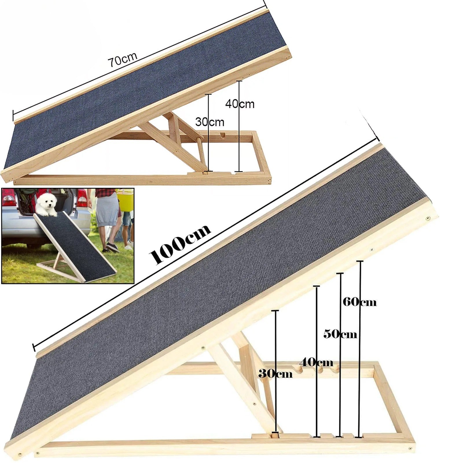 Lomorino Holz Hunderampe 70cm / 100cm mit Teppichbezug